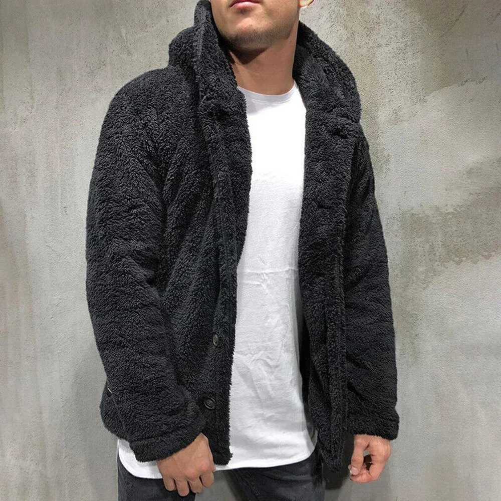 Autumn Winter Mens Plush Hooded Coat Solid Color Long Sleeve Single-breasted Warm Cardigan Coat Fashion Trend Mens WearXJ241206