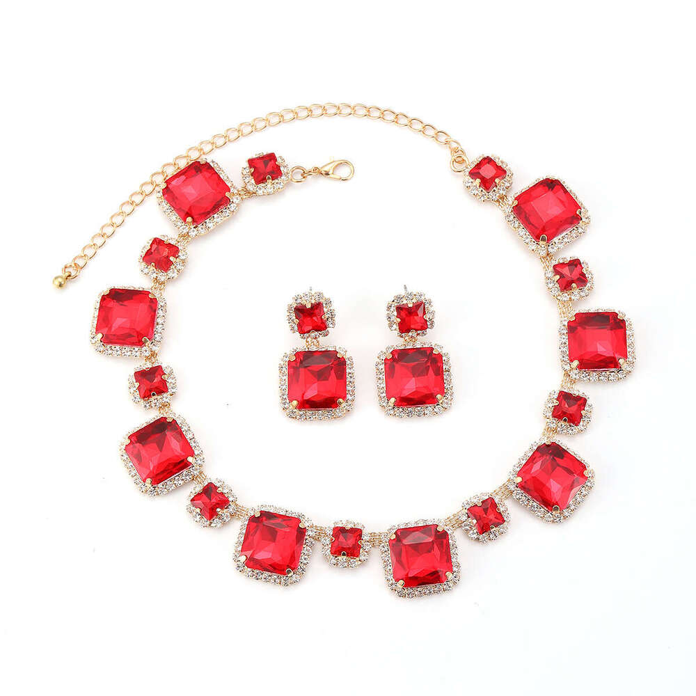 2025 New Exaggerated Water Dia Green Red White Earring Necklace Set