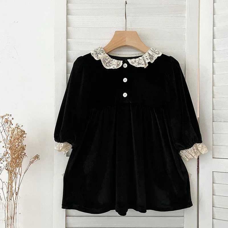 1-6Yrs Christmas Par Dress Peter Pan Collar Lace Red Black Dress Long Sleeve Dress Cute Sweet Baby Girls Dress Autumn ClothingXJ241206