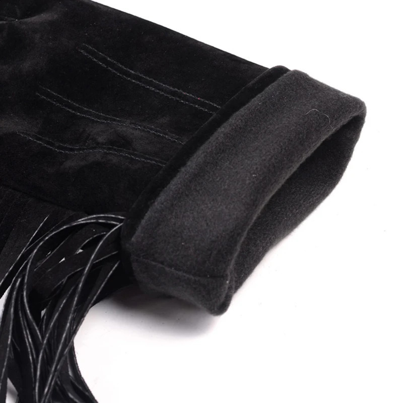 Winter Womens Genuine Leather Pig Skin Suede Tassel Short Gloves Womens Drone Nubak Warm Velvet Punk Show Purple Classic Luvas 241206