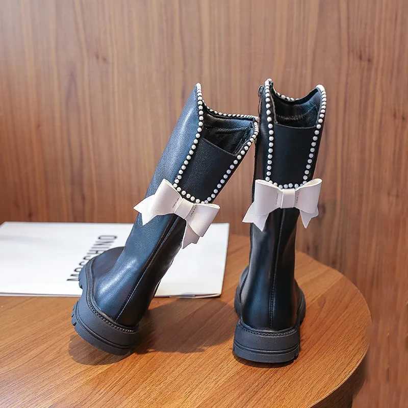 New Platform Winter Long Boots for Kids Girl Fashion Beaded Pipe Boots Princess Elegant Thick Bottom Student Knight ShoesXJ241206