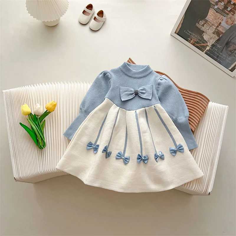 Girls Sweater Dress Childrens Autumn Winter Knitted Gown New Bow Sweet Princess Vestidos Kids Fashion Warm Cotton ClothingXJ241206