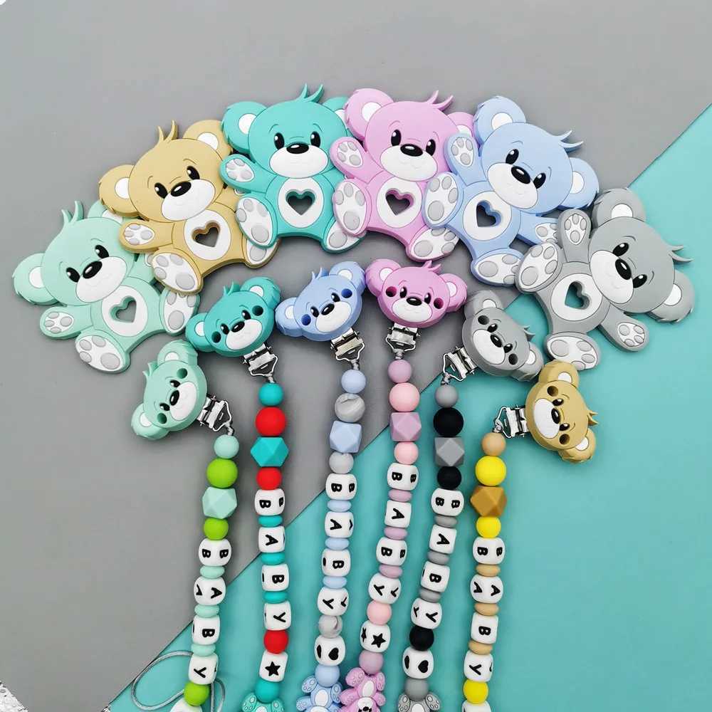 Pacifier Holders Clips# Custom English Russian Silicone Letter Name Baby Bear Silicone Beads Pendant Pacifier Clips Chains Teether Baby Kawaii Toy Gif
