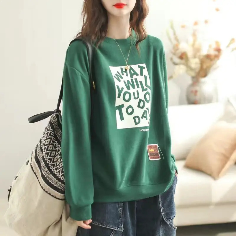 Womens Solid Round Neck Cotton Autumn and Winter Korean Loose Printed Letter Long Sleeve Pullover Hoodies All Match Tops 241203