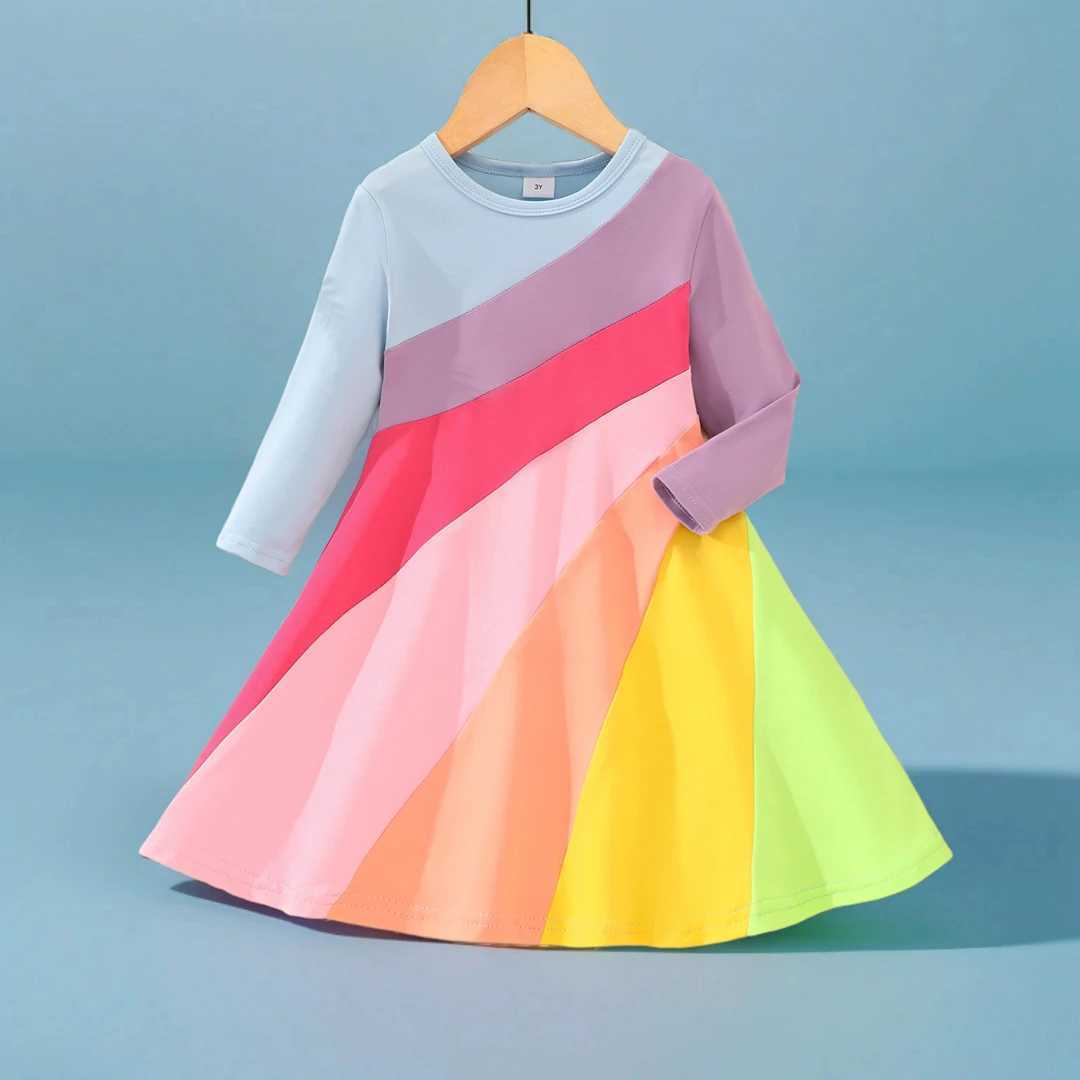 2024 Dress Childrens Girl Contrast Color Round Neck Long Sleeve Par Princess Dress 3 4 5 6 7 8 Years Flower Girls DressesXJ241206