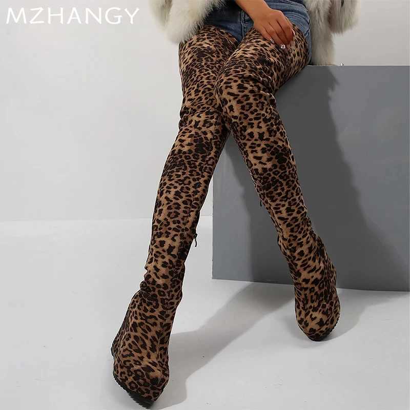 High Quality Leopard Wedges Wen High Boots Suede Platform Sexy Over The Knee Shoes Designer Zip Boots Winter New Edition MUJI Botas T241206