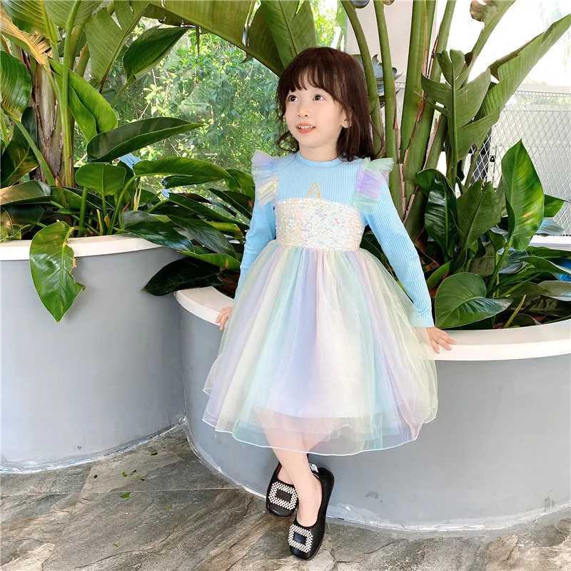 Ruffle Par Dress Girls Long Sleeve Cotton Ruffle Par Princess Dress Girl Sequin Rainbow Mesh DressXJ241206