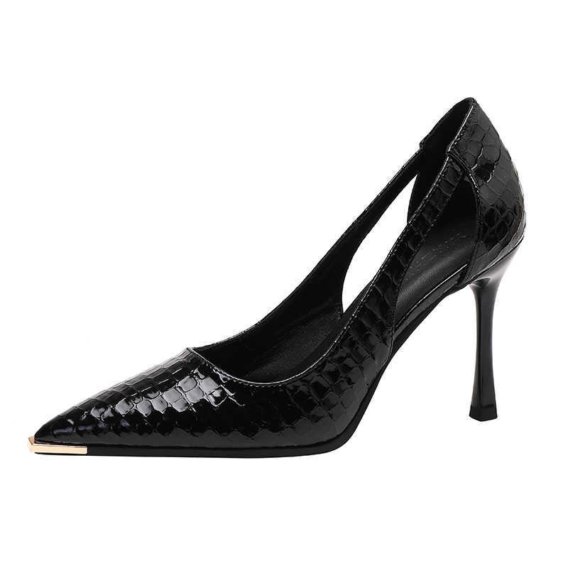 Stone Patterned Patent Leather Toe High Heeled Shoes Female Hollow Out Sexy Solid Color Commuting Work Heels Metal Pointed Toe Anti Kick