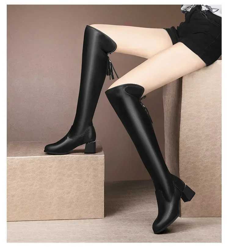 High Quality Warm leather elastic knee boots new winter warm P Lg boots autumn slider Pointed thick H Knight Botas T241206