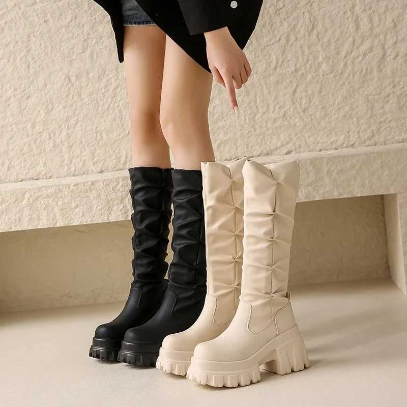 High Quality Warm motorcycle Lg boots autumn and winter warm knee high boots leather boots womens thick soled platform Botas MUJI high H T241206