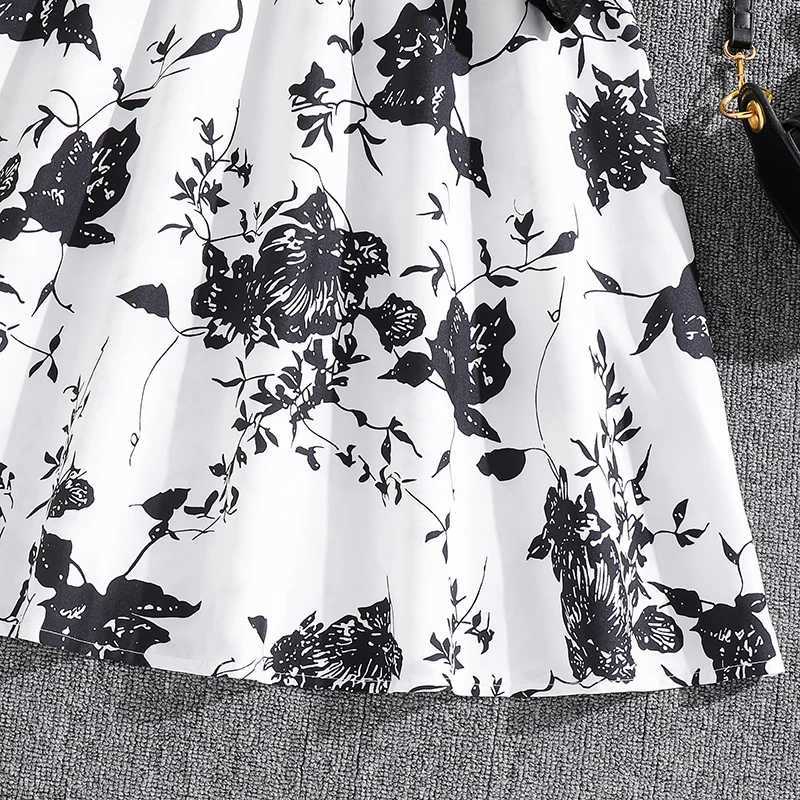 Dress For Girls 8-12 Years O-neck Long-sleeved Black Knit Patchwork Print Dress Give BeltXJ241206