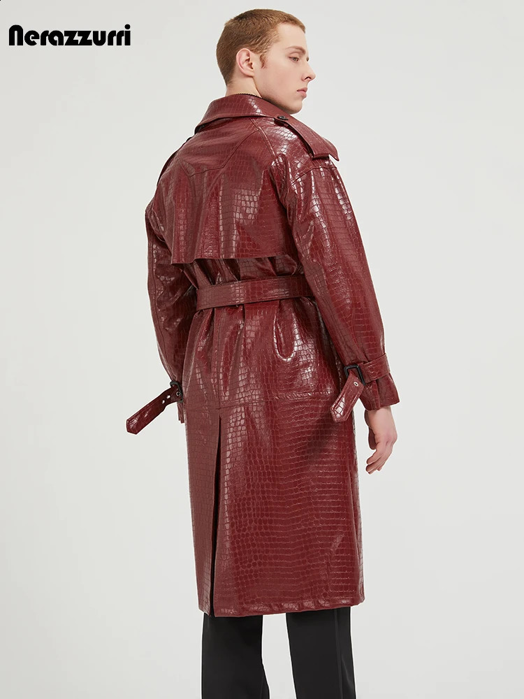 Nerazzurri Spring Autumn Cool Long Elegant Chic Shiny Print Pu Leather Trench Coat Men Belt er Clothes 241119
