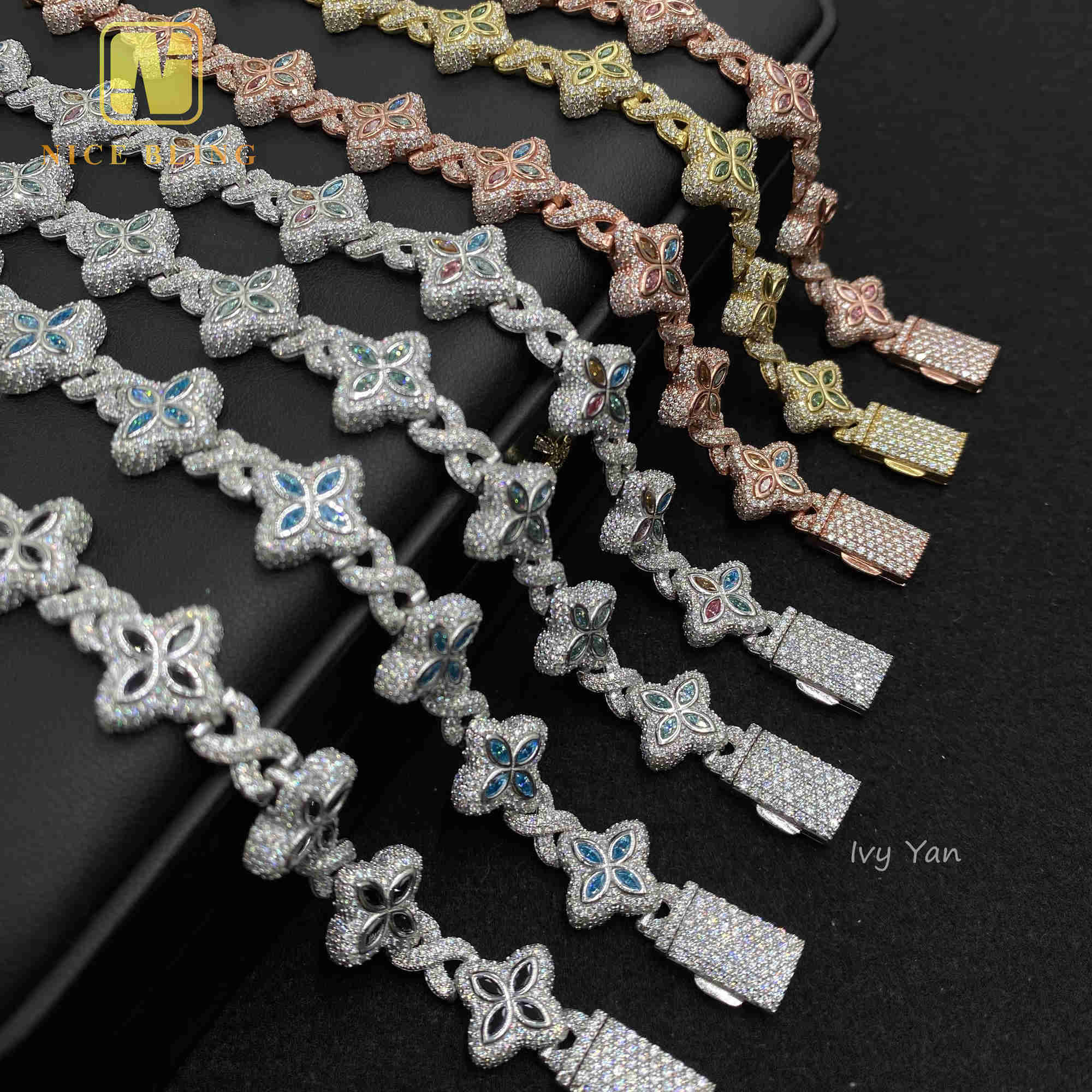 Luxury Colorful Marquise Flower Design 15mm Custom Iced Out Hip Hop Jewelry Cuban Link Chain 925 Silver VVS Moissanite Bracelet