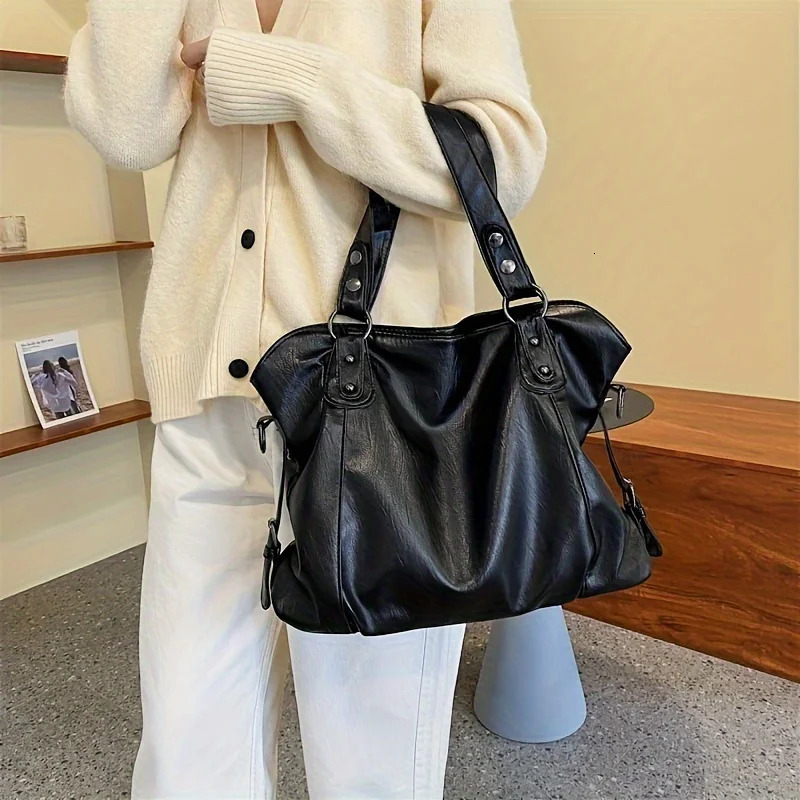 High Quality Casual Soft Women Tote Shoulder Bags Large Capacity leather Shopper Bag Fashion Black Zipper Travel Handbag 241206