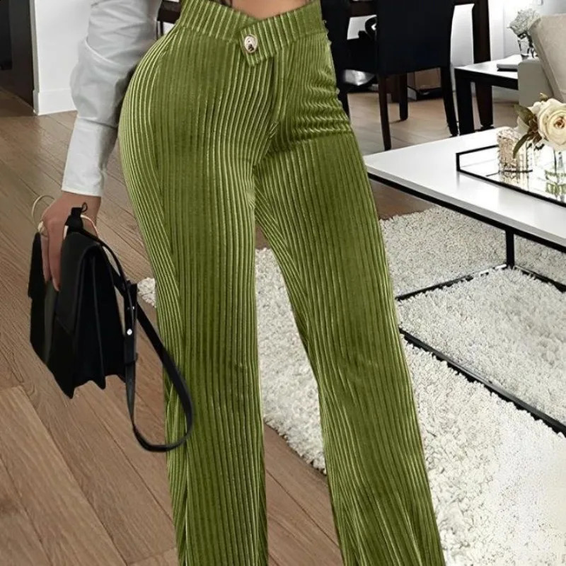 Spring/Summer Womens Pants Solid Color Fashion Gold Velvet Stripe Casual High Waist Trouser 241202