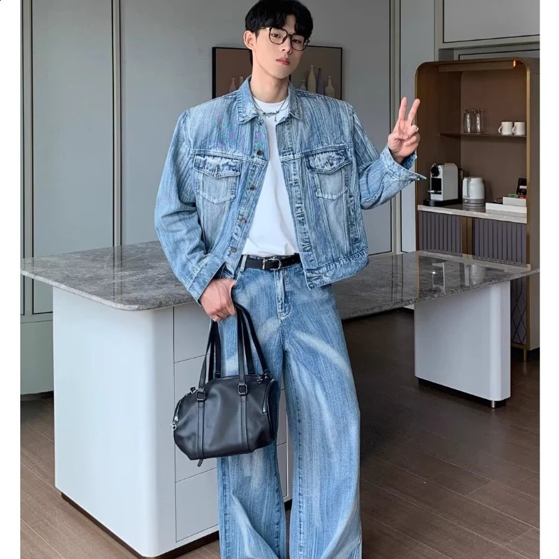 Trendy Hip Hop Mens Cowboy Suit High Street Tie Dye Blue Unisex 2pcs Set Y2k Punk Denim JacketStraight Leg Jeans Sets 2024 241205