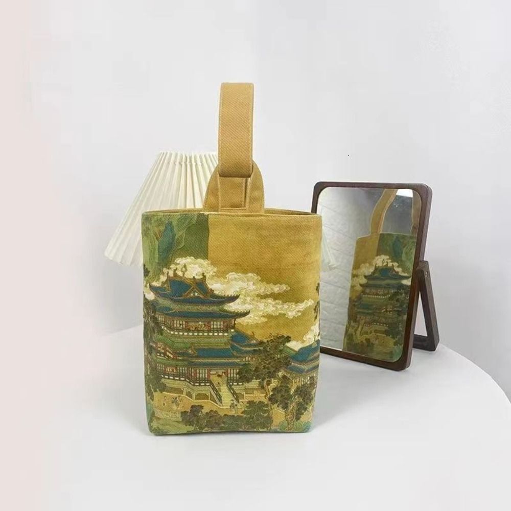 Retro Chinese Ancient Style Print Bucket Women Handbag Cyder Bag Canvas Tote Pouch Students Carry Lunch Bags For Girls