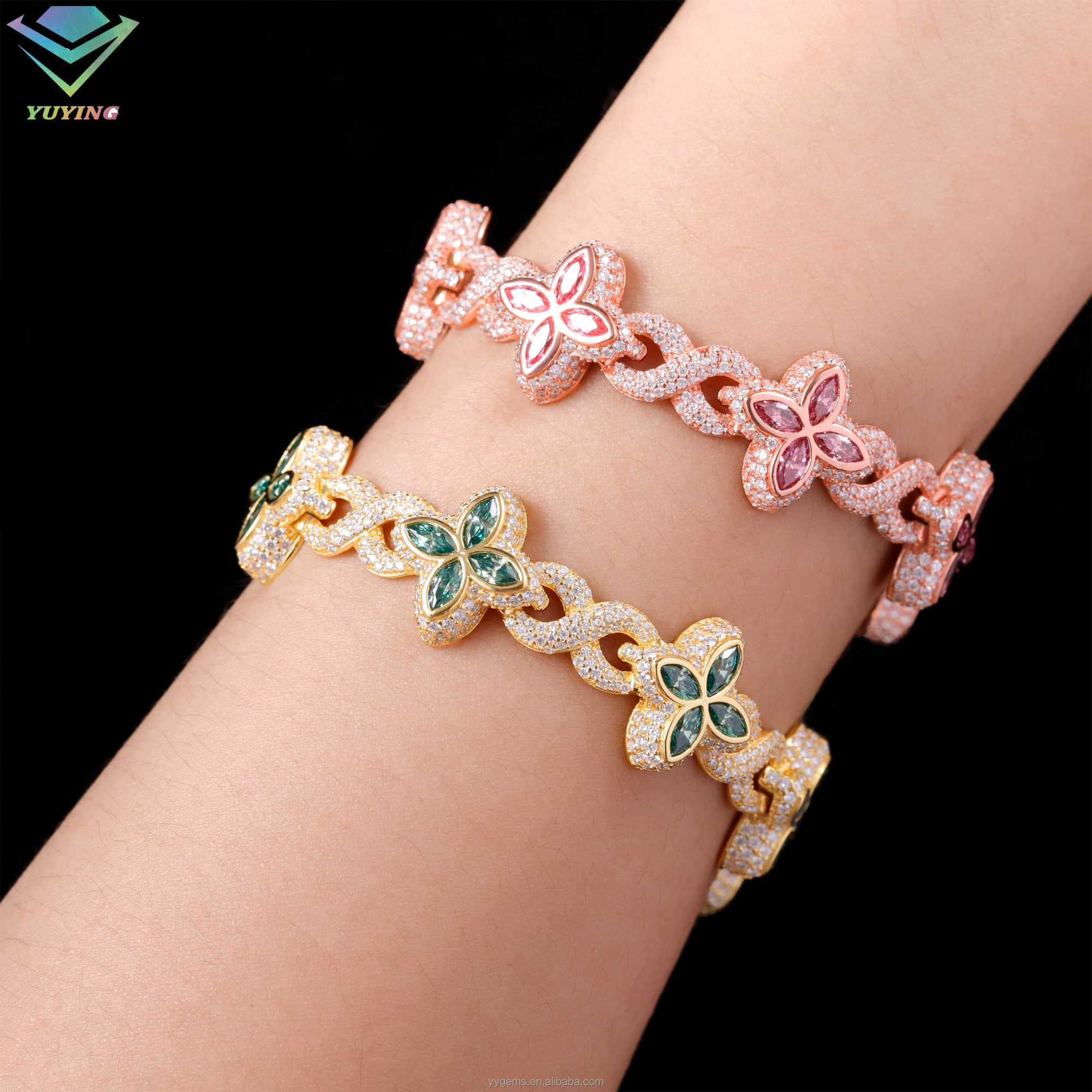 Yu Ying Lucky Clover Moissanite Diamond 925 Sterling Silver Gold Plated Clover Bracelet with GRA Certificate
