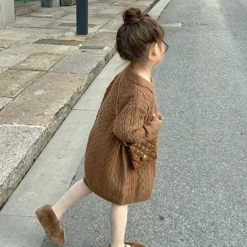 Childrens Clothing 2024 Korean Girls Versatile Dress 2024 Spring Autumn New Girls Baby Coffee Colored Sweater Long SkirtXJ241206