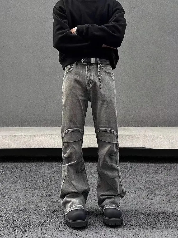 2024 Ropa Y2K Streetwear Vintage Grey Pleated Flare Jeans Pants For Men er Clothes Old Harajuku Goth Long Trousers 241206