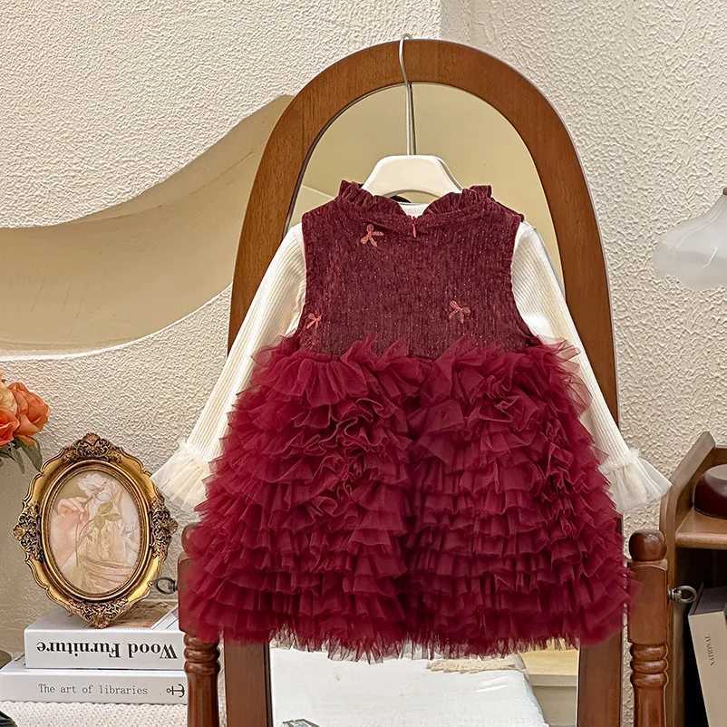2024 Autumn Winter Kids Girls Princess Dress Set Solid Knitted Shirts Plus Velvet Mesh Tutu Dress Suit Children Girl OutfitXJ241206