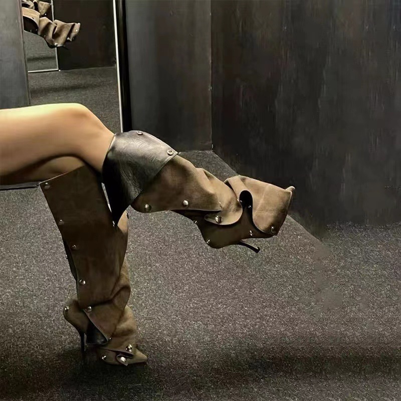 Pointed Toe Fold Knee High Boots Fashion Buckle Stiletto Heels Hot Pink Spring Sexy Girl Wrinkles Party Dress Shoes