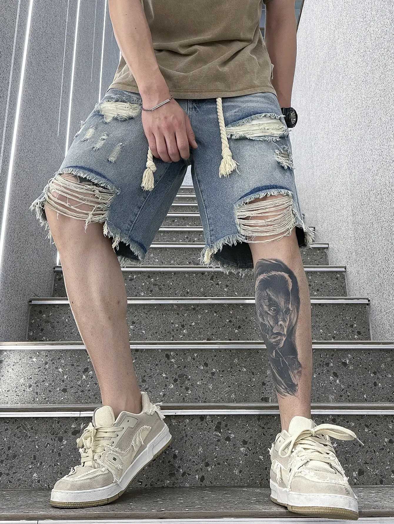 Mens Summer Street Style Ripped Dye Design Denim Shorts with High Stretch Knee Length ComfortXJ241206