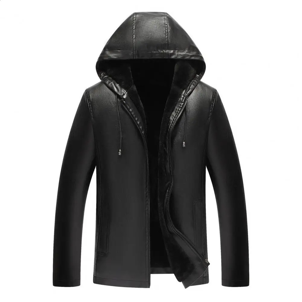 Hooded Faux Leather Jacket Men with Velvet Lining Stylish Mens for Winter 241202