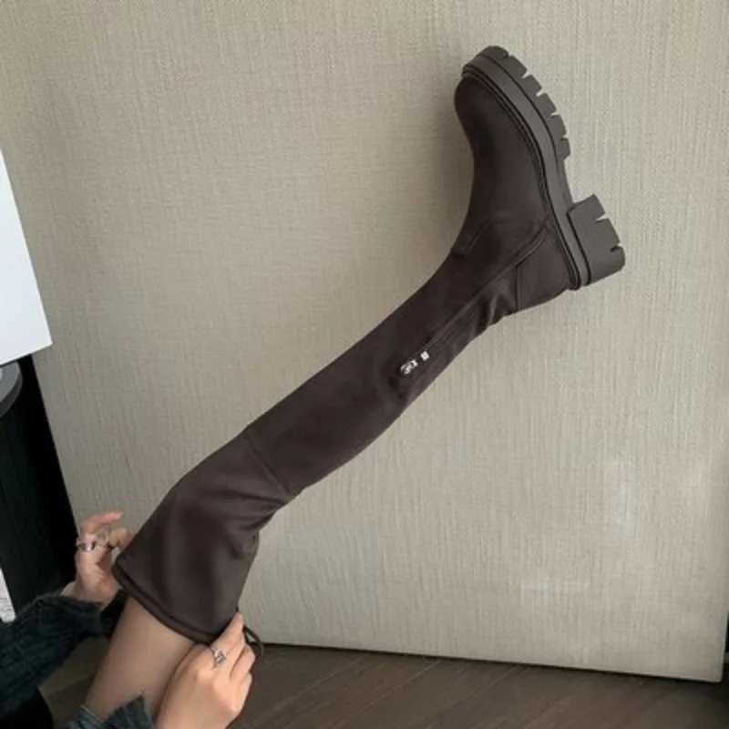 High Quality Thick boots on the knee bullet boots Fem new autumn winter thick boots suede tight boots with high Lg Botas strap T241206