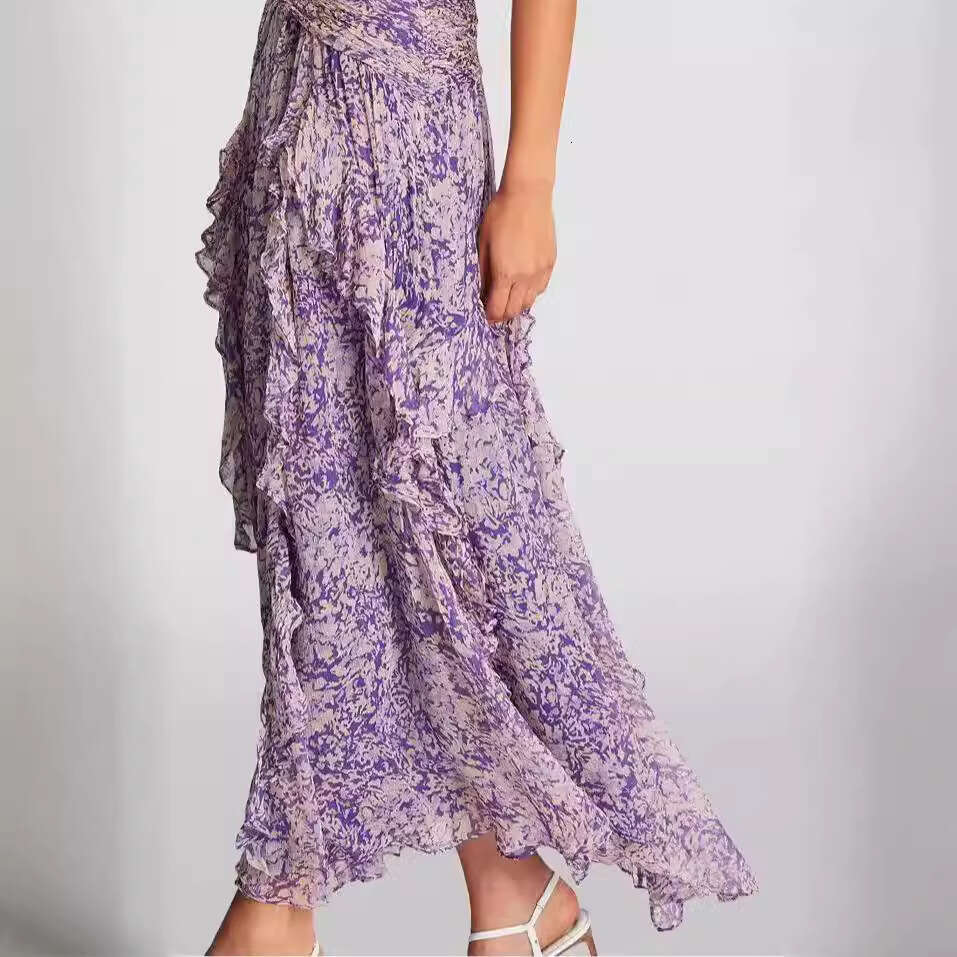 spring/summer off shoulder European American women's V-neck chiffon printed fairy long evening gown 2024 new style chic and elegant clothing