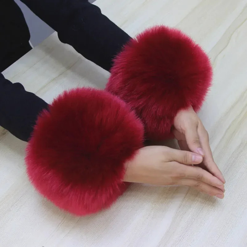 Womens Artificial Fur Cuffs Winter Warmth 2-piece Elastic Sleeve Jacket Wristband Gloves Fluffy Sleeves Purple Pink 241206
