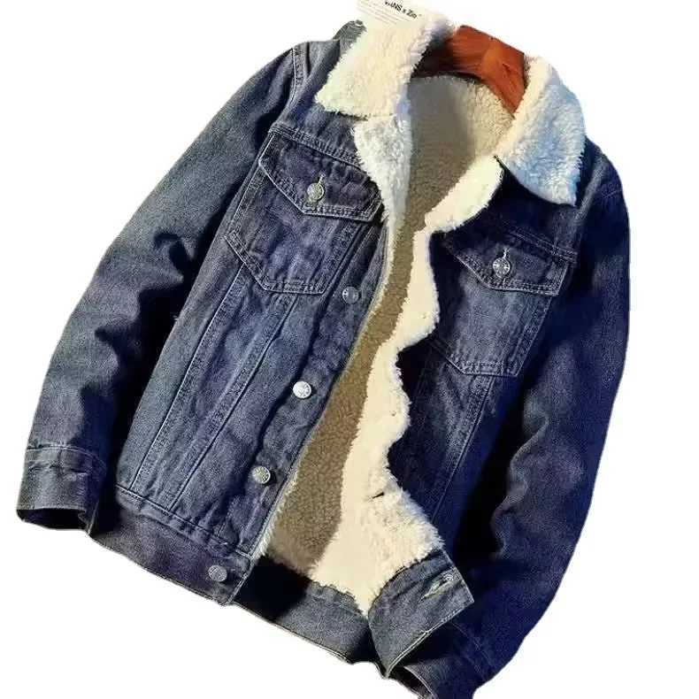 American Vintage Loose-fit Denim Jacket Lamb Wool Fleece Lining Casual Style For Men Trendy Autumn Winter Japanese WorkwearXJ241206
