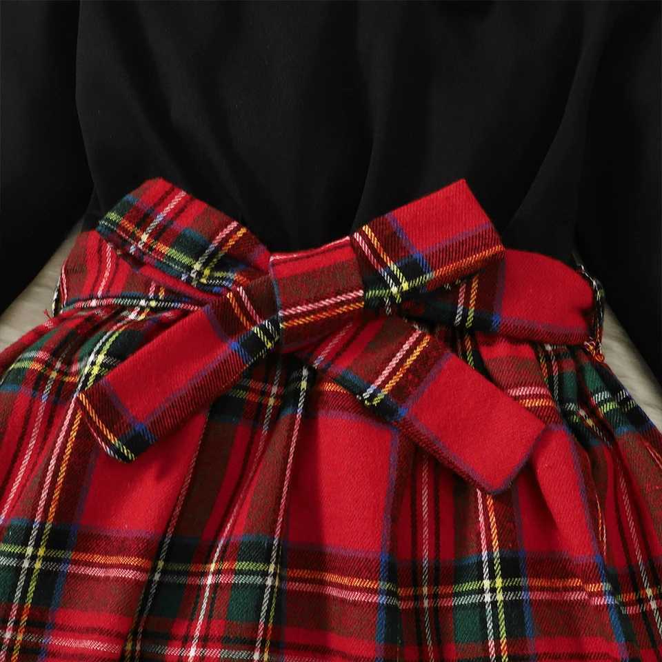 3-7 Years 2PCS Girls Christmas Dress Suit New Year Clothes Plaid Bow Long Sleeve Dress+Hat Children Xmas Par Costumes WinterXJ241206