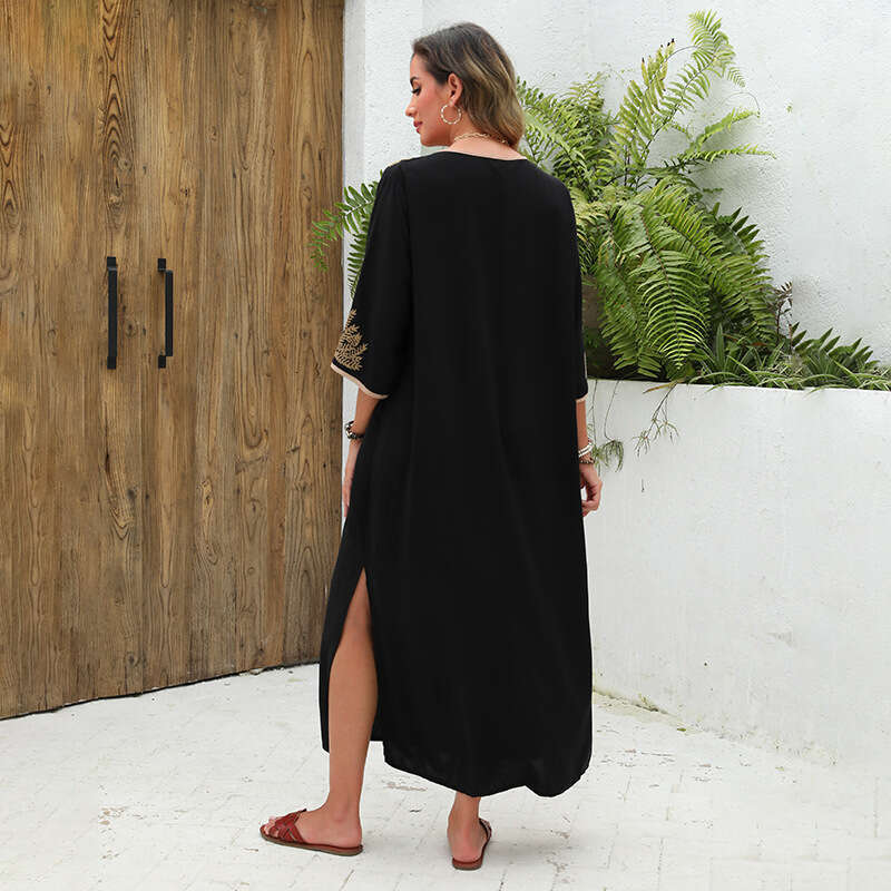 European and American cotton embroidered beach long robe style vacation jumpsuit, bikini swimsuit, outer cover shirt, 2024 new casual versatile fashio