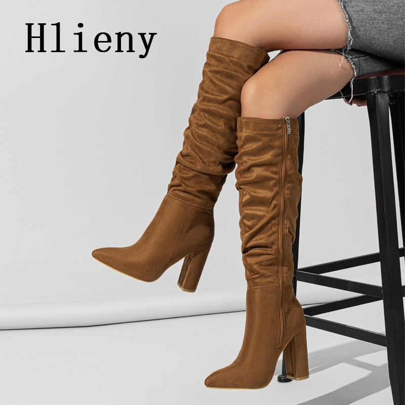 Hlieny Fashion Black Red Women Knee Boots Sexy Pointed Toe Square High Heels Ladies Long Zipper Female Shoes Size 35-42
