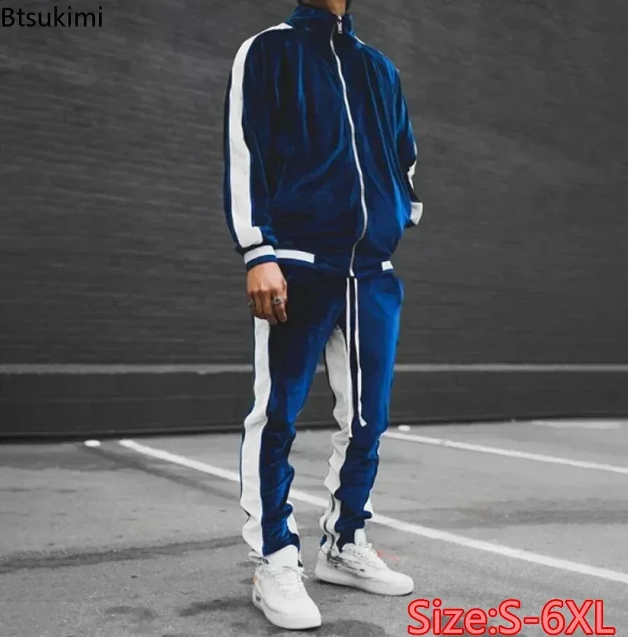 2024 Vintage Velvet Sets Mens Fashion Splice Stand Collar Zipper Tops and Sport Pants Two Piece Set Men Casual Tracksuit Outfit 241205