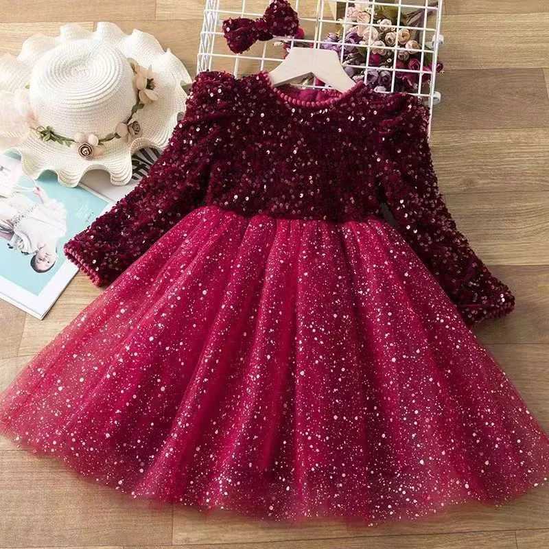 Girls Sequins Dress Spring Autumn Princess Gown Children Wedding Birthday Par Tulle Vestidos New Kids Fashion Clothing 3-8YXJ241206