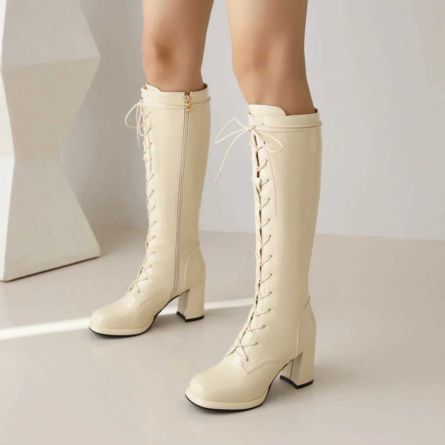 High Quality Sexy knee high boots short and chubby H white patent leather party dress womens winter and autumn zippers riding Lg boots T241206