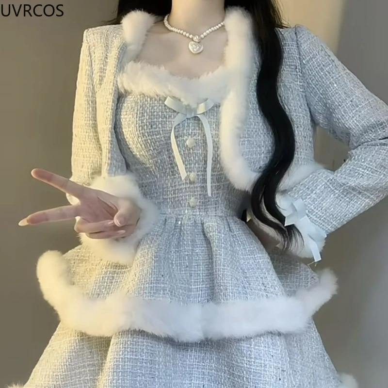 Elegant Korean style coarse woolen plain dress set for womens plush patch work short wool jacket sexy bow mini skiing Japanese fashion 241206