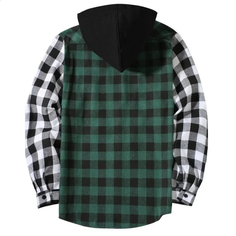 Mens hoodie plain weave patchwork color casual button long sleeved double pocket shirt hoodie flannel jacket spring and autumn top 241205