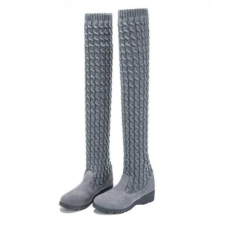 High Quality New autumn and winter breathable knitted socks womens thick high heels Streh round toe platform boots T241206