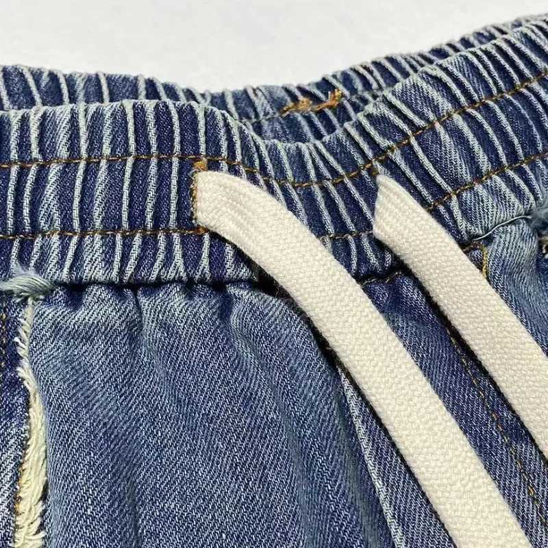 Mens Short Jeans Pants Spliced Straight Drawstring Male Denim Shorts New in Original Y2k Fashion Summer Retro Jorts Designer XlXJ241206
