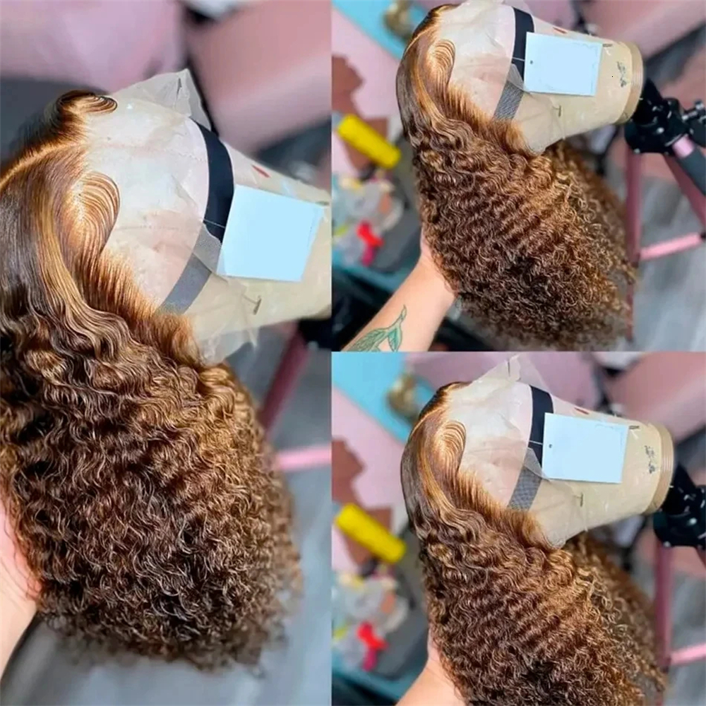 Highlight Deep Short 4/27 Color Curly 13X4 Front Brazilian 100% Human Hair Water Wave Lace Frontal Bob Wig
