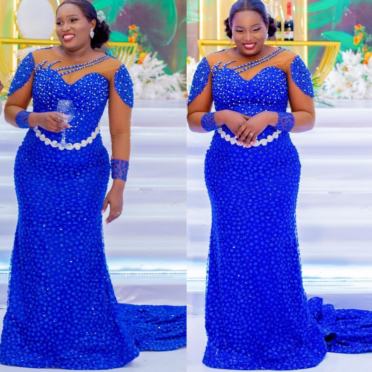 Royal Blue Mermaid Prom Dresses 2025 Beaded Rhinestones Full Sleeves Evening Formal Party Second Birthday Engagement Gowns Plus Size Dress For Special
