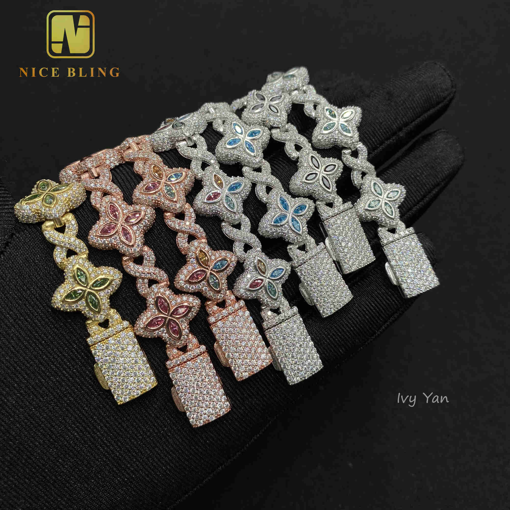Luxury Colorful Marquise Flower Design 15mm Custom Iced Out Hip Hop Jewelry Cuban Link Chain 925 Silver VVS Moissanite Bracelet