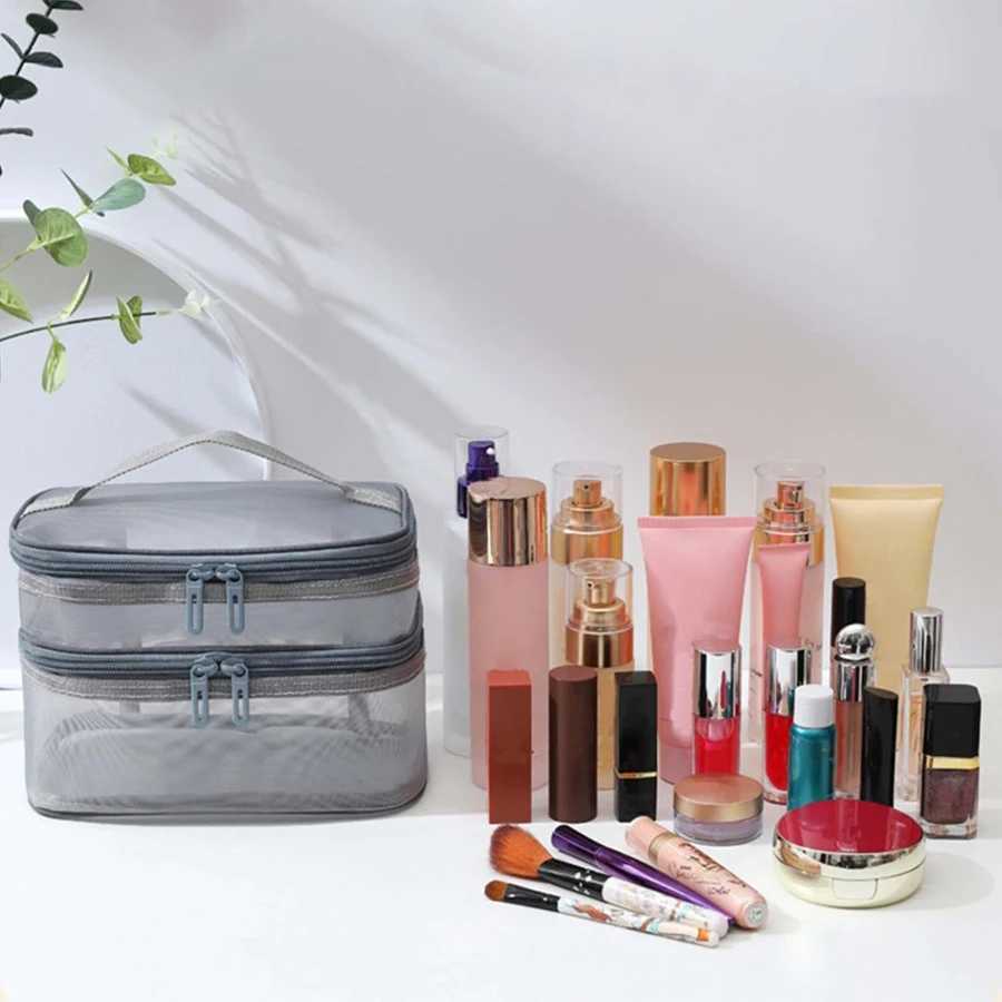 Womens Double-layer Mesh Makeup Bag Portable Large Capacity Toiletries Box Cosmetics Storage ToolXJ241206