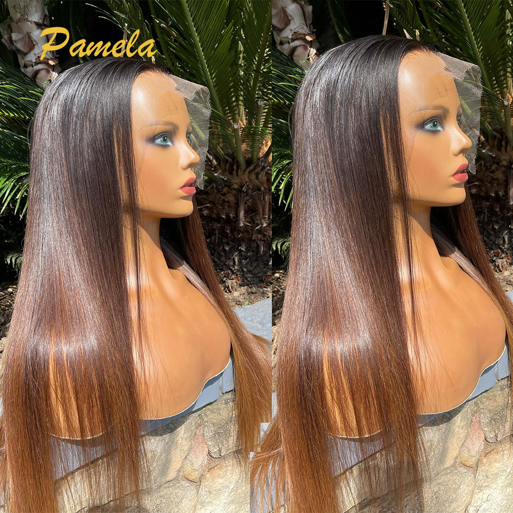 Super Double Drawn Ombre 1B/4Colored Glueless Wig Human Hair Ready To Wear 13X4 Bone Straight Bob Transparent Lace Frontal Wigs