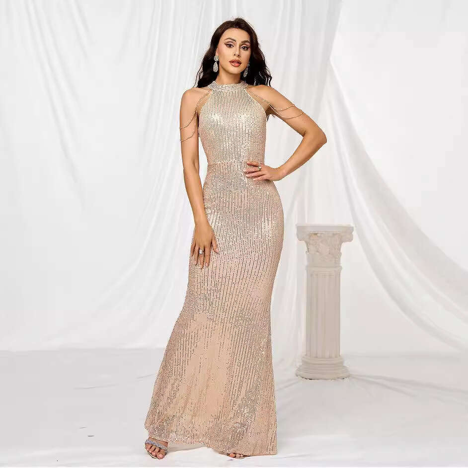 Autumn Product Fashionable Hanging Neck Sexy Crystal Chain Hip Wrapping Glitter European American Mid Waist Evening Dress 2024 New Style Unique and El
