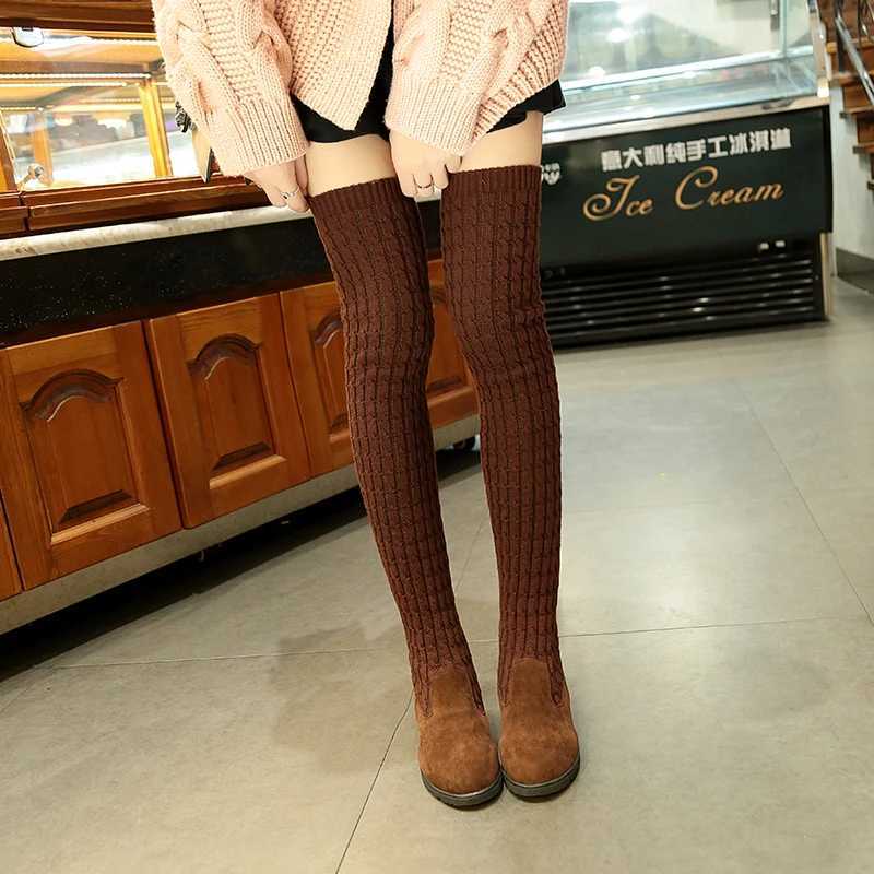 High Quality Wens Boots Autumn/Winter High H Boots Ten Thousand Shoes Knitted Wool Lg Boots Warm Brown/Black Boots Womens Shoes T241206
