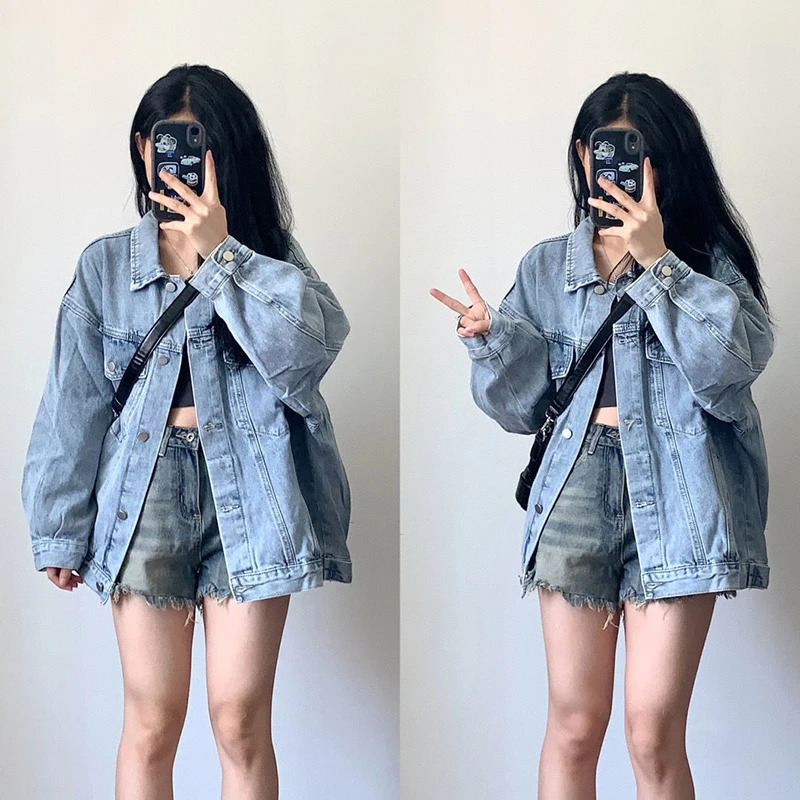 Korean style denim jacket womens 2024 autumn long sleeved blue retro lapel loose 241206